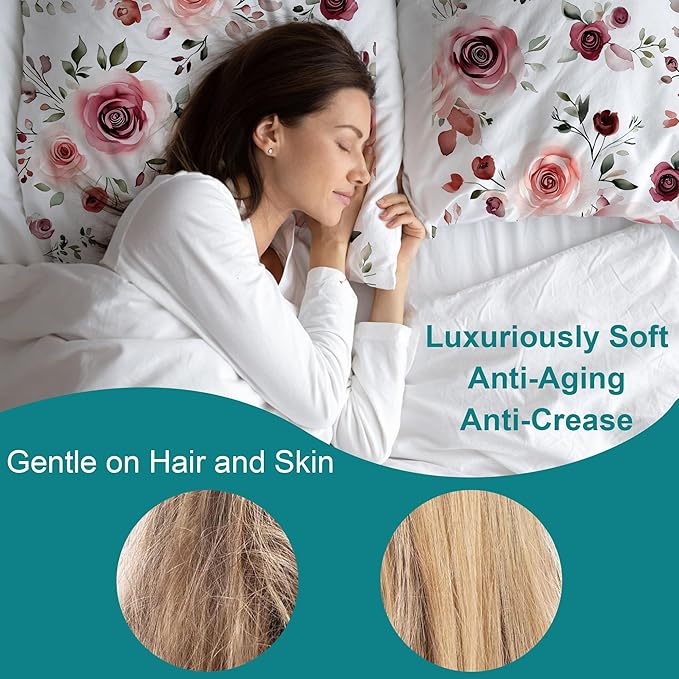 Satin Pillowcase Rose Flowers and Leaves Similar to Silk Pillow Cases for Hair and Skin, 1 Pack Soft Smooth Breathable Cool Pillow Cases, Queen Size with Hidden Zipper 20" x 30"