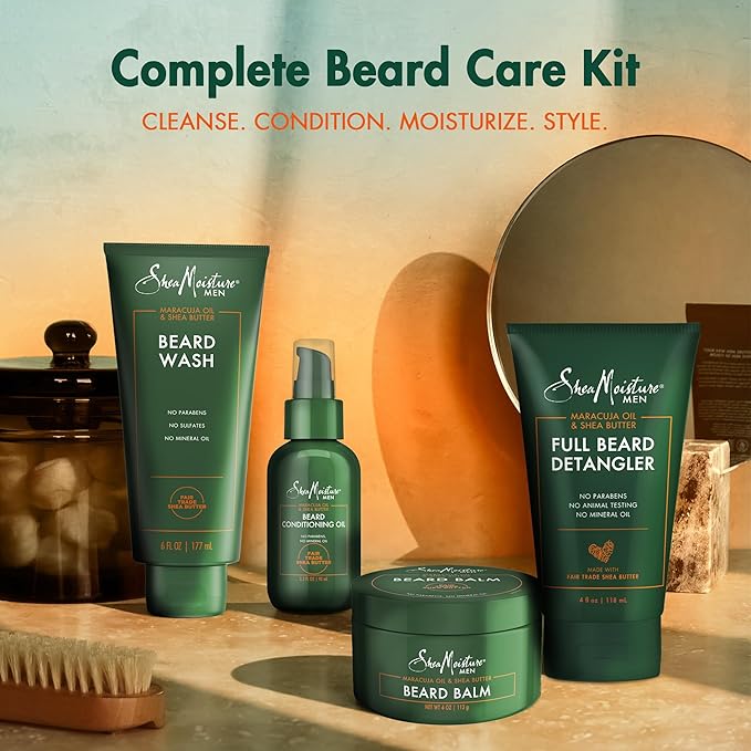 SheaMoisture Beard Kit for Men – Beard Wash, Conditioning Beard Oil, Full Beard Detangler + Beard Balm with Shea Butter & Maracuja Oil, Gifts for Men (4 Piece Set)