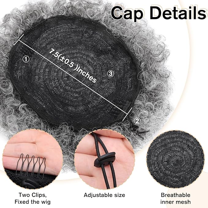 AISI QUEENS Afro Puff Drawstring Ponytail Extension for Black Women, Ombre Gray Faux Buns Short Kinky Curly Hair Ponytail Hair Extension Updo Wrap Fiber Wig(Tgray#)