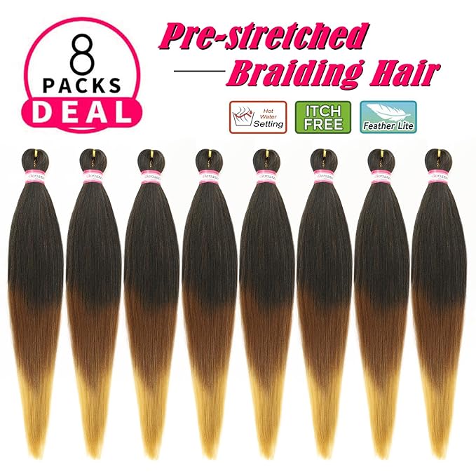 Dorsanee Braiding Hair Pre Stretched 26 Inch 8 Packs Black to Brown Ombre Braiding Hair Extensions for Crochet Box Braids Twists Locs Hair Soft Yaki Texture Hot Water Setting (26inch,#1B/30/27)