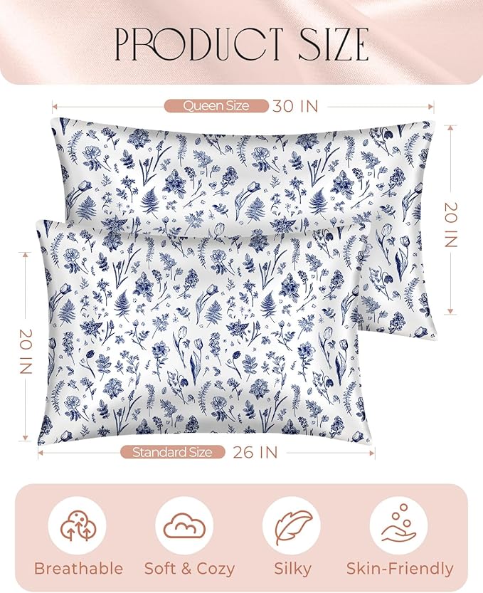 2 Pack Satin Pillowcase - Queen Size 20 x 30 Inches with Hidden Zipper Smooth and Comfortable Pillow Covers Hair and Skin Care for Moms and Women, Blue Line Flower