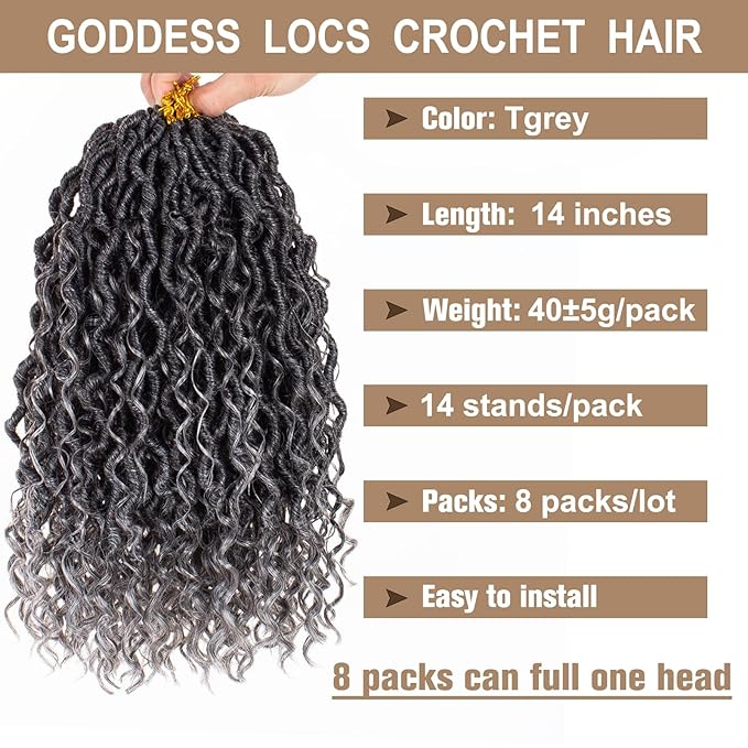 COOKOO 8 Packs Goddess Locs Crochet Braids Hair 14 Inch Pre-curled River Locs Crochet Hair Goddess Faux Locs Wavy Crochet Hair for Women Pre Looped Bohemian Locs Crochet Hair Extensions Tgrey#
