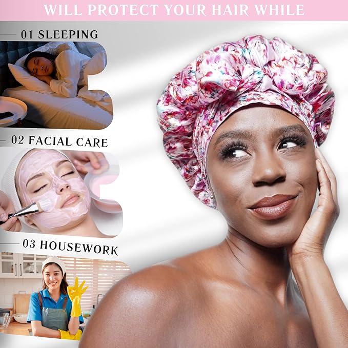 100% Mulberry Silk Bonnet for Sleeping with Ties – Adjustable 19 Momme Double-Layer Reversible Hair Wrap – Stay-On Sleep Bonnet for Women, Long Curly Hair, Natural Hair Care, Real Silk Night Cap – Handmade in USA (Floral)