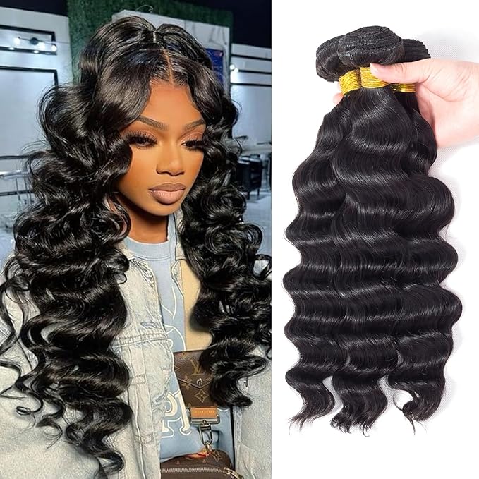 Loose Wave Bundles Human Hair (16 18 20 Inch) 12A Loose Deep Wave Human Hair Bundles 100% Unprocessed Brazilian Virgin Remy Hair Extension Natural Color