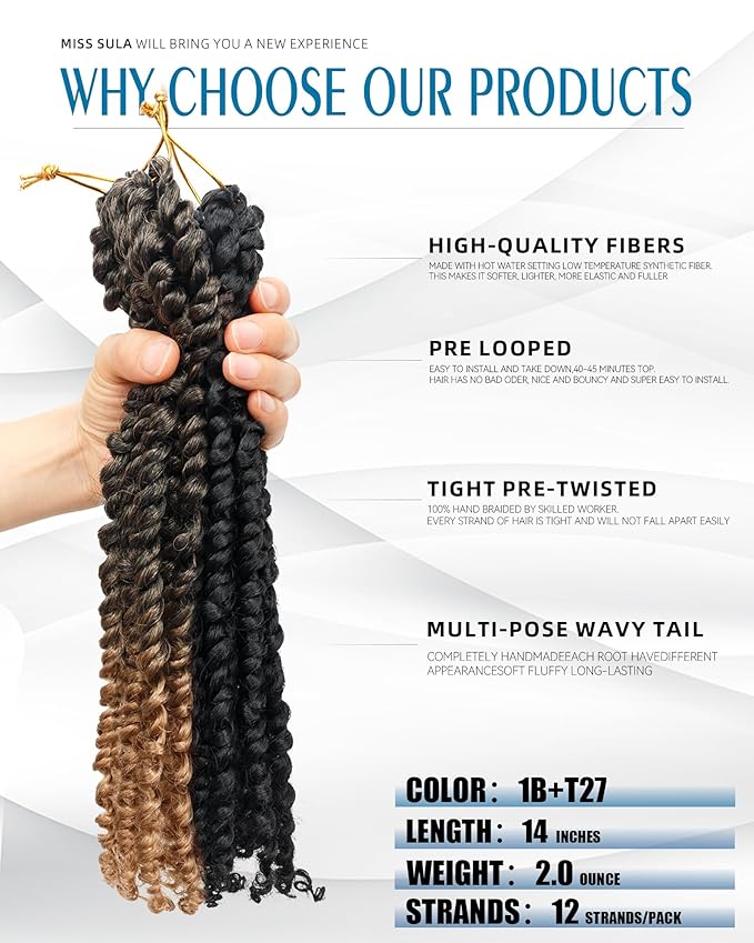 14 Inches 8 Packs Passion Twist Crochet Hair-Mixed Color Combo Pack(6 packs 1B+2 packs T1B/27),Pre-twisted Pre Looped Super Soft & Bouncy Synthetic Hair Extensions For Black Women(14"-8 Packs,1B+T27)