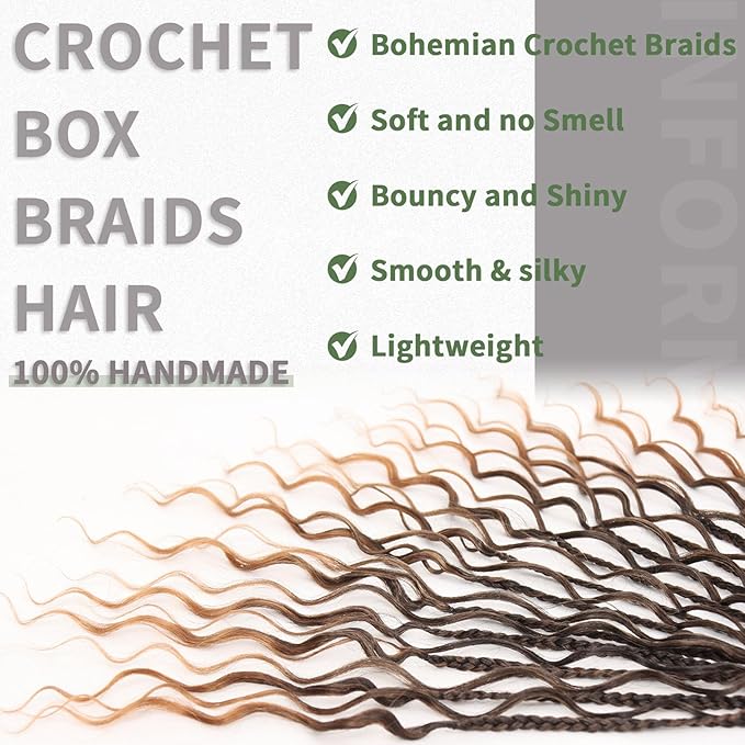 7 Packs Crochet Box Braids Curly Ends 14 Inch Goddess Box Braids Crochet Hair 3X Bohemian Hippie Crochet Braids for Woman Braiding Hair Extensions, 1B/30