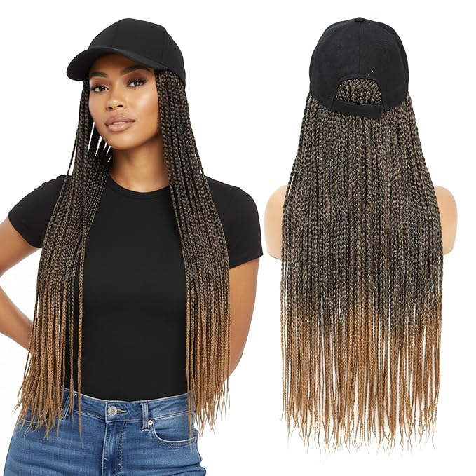 Hat Wig for Women Baseball Cap with Braided Hair Attached Synthetic Box Braid Wig Hat Adjustable Cap with ombre light brown Braids for Daily Outdoor Use(BL-T27)