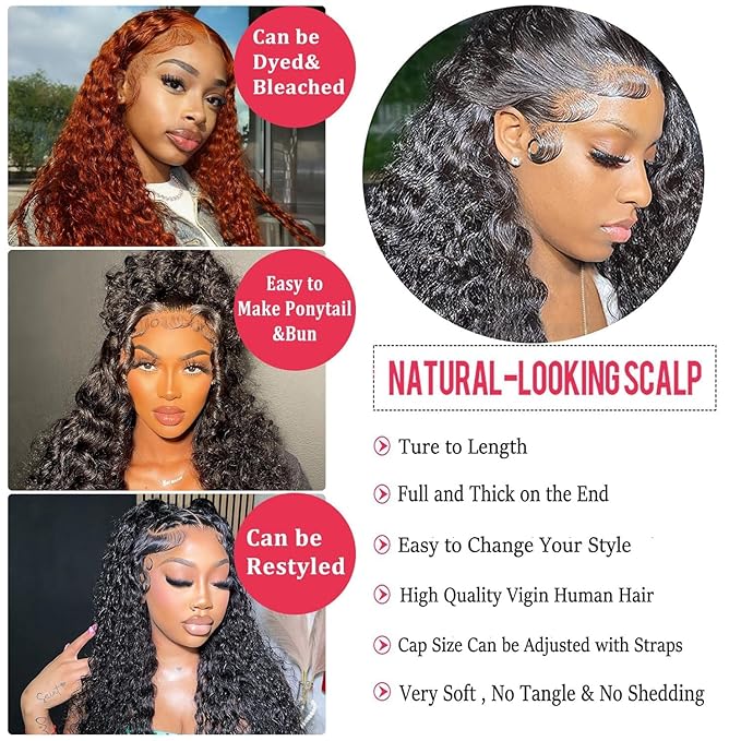Deep Wave Lace Front Wigs Human Hair Pre Plucked 220% Density 13x4 HD Transparent Lace Closure Wigs Human Hair for Women 24 Inch Curly Lace Frontal Wig Brazilian Virgin Hair