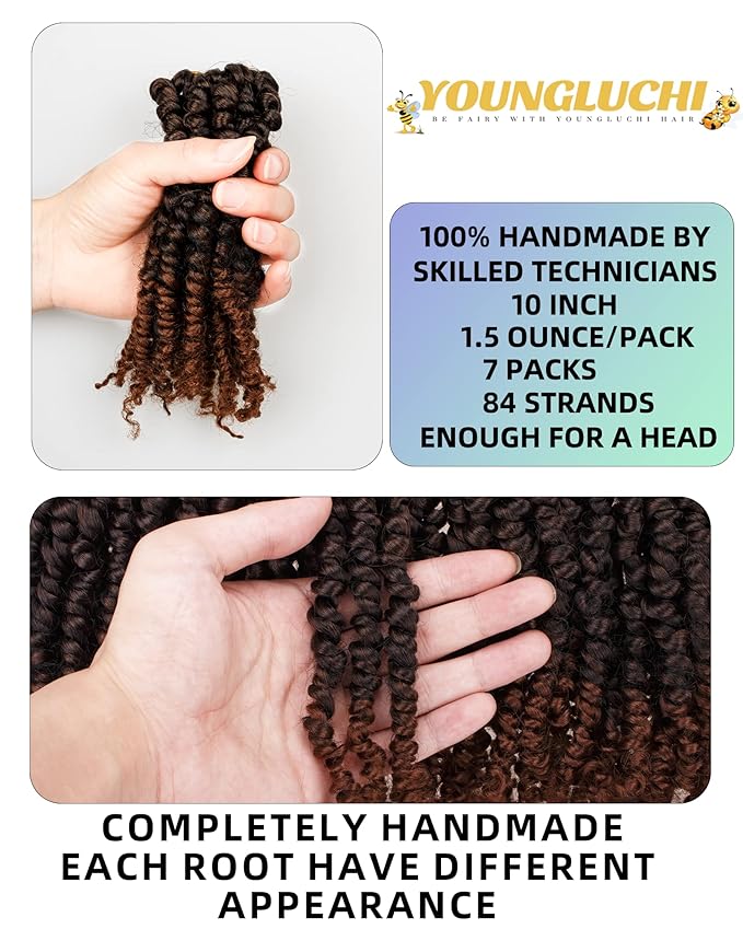 10 Inches 7 Packs Pre Looped Pretwisted Passion Twist Crochet Hair for Black Women and Kids-Ombre Brown,Soft Hair Extensions Braided by Synthetic Spring Kinky Twist Bohemian Curl(10"-7 Packs,T1B/30)