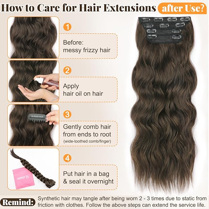 ALXNAN Clip in Hair Extensions for Women,Chocolate Brown with Dark Brown Long Wavy Hair Extensions Clip Ins 4PCS 20 Inch Synthetic Soft and Natural Thick Hair Pieces for Women
