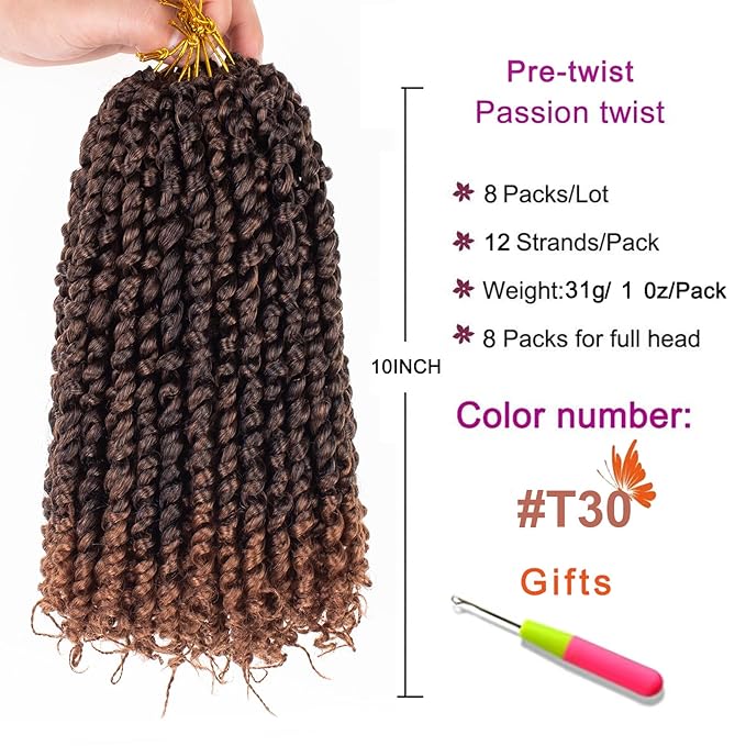 ZRQ Short Passion Twist With Bohemian Hair 10 Inch 8 Packs Ombre Brown Pre-twisted Crochet Passion Twists Synthetic Braiding Hair Curly Ends Braids Twist Hair for Black Women 12 Roots/Pack T30#