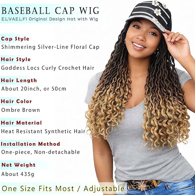 Hat Wig 20-Inch Goddess Locs Crochet Hair Curly Ends, Ombre Brown Synthetic Soft Faux Locs Wigs for Women