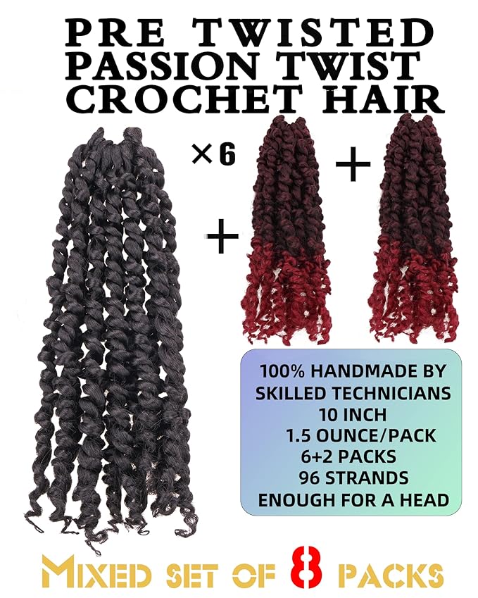 10 Inch 8 Packs Passion Twist Crochet Hair-Mixed Color Combo Pack(6 packs 1B+2 packs T1B/BUG),Pre-twisted Pre Looped Soft & Bouncy Synthetic Braided Hair Extensions For Black Women and Kids(1B+TBUG)