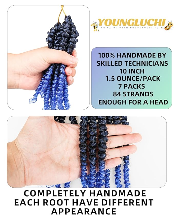 Pre-Twisted Passion Twist Crochet Hair for Black Women Passion Twist Hair Pre Looped Bohemian Braids 10 Inch 7 Packs Ombre Blue Short Bob Curly Braiding Hair Extensions(10"-7P,T1B/Blue)