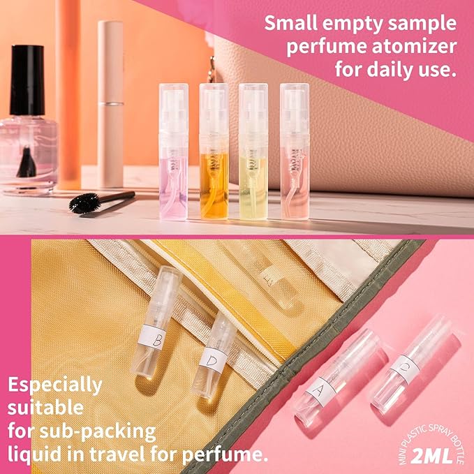 Fandamei Mini Spray Bottle, 10 Pack 2ml Mini Plastic Spray Bottle Empty, Fine Mist Refillable Perfume, Small Perfume Spray Bottle, Tiny Plastic Portable Travel Bottle, Clear