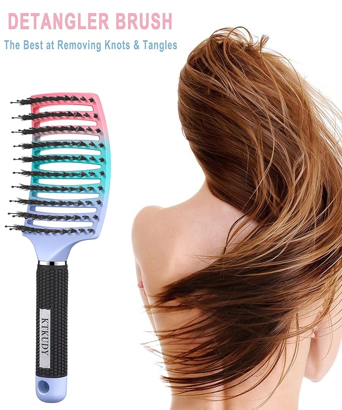 KTKUDY Detangling Brush Boar Bristles Hairbrush Make Hair Shiny & Healthier Curved and Vented Detangler Brush for Women Men Kids Wet & Dry Hair