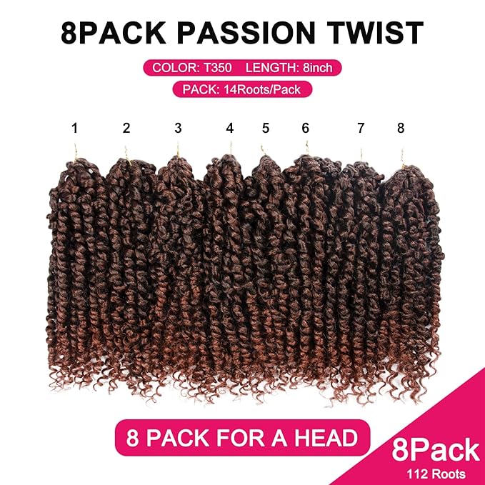 Passion Twist Hair For Kids - 8 Packs 8 Inch Passion Twist Crochet Hair For Women, Crochet Pretwisted Curly Hair Passion Twists Synthetic Braiding Hair Extensions(8 Inch 8 Packs, T350)