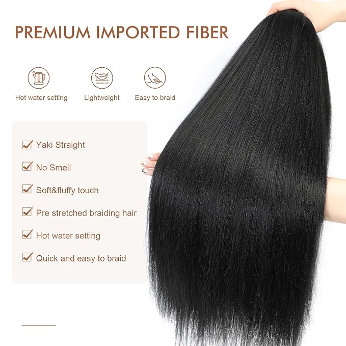 Pre-stretched Braiding Hair - 20 Inch 8 Packs Jet Black Braiding Hair For Twist or Box Braids, Yaki Texture Hot Water Setting Synthetic Braiding Hair Extensions (20 Inch, #1-8P)