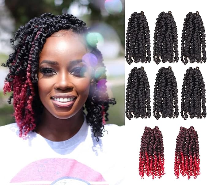 6 Inch 8 Packs Mixed Colors Combo Pack,Pre Looped Pretwisted Passion Twist Crochet Hair For Women -Super Short Crochet Hair Extensions Braided by Synthetic Spring Kinky Twist Bohemian Curls(1B+TBUG)