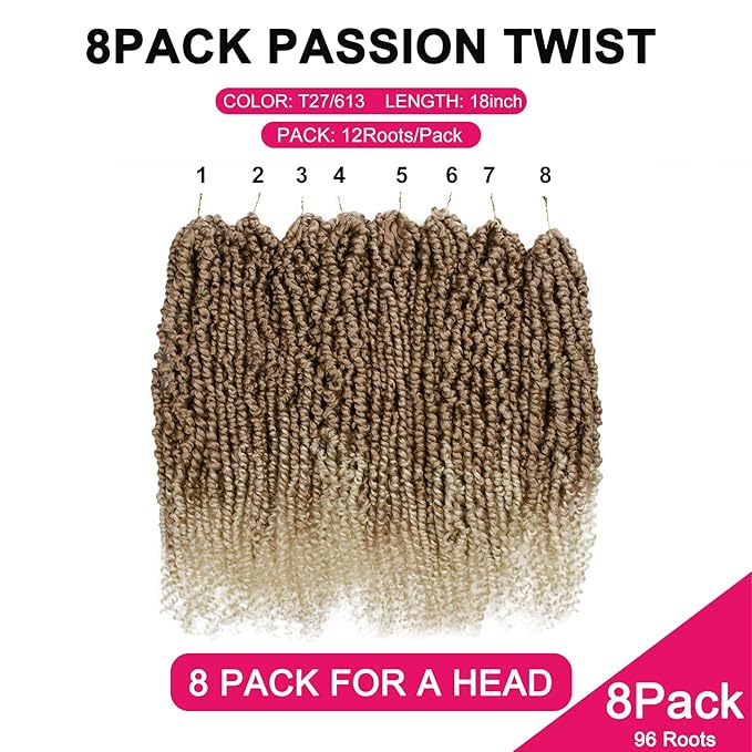 Passion Twist Hair - 8 Packs 18 Inch Passion Twist Crochet Hair For Women, Crochet Pretwisted Curly Hair Passion Twists Synthetic Braiding Hair Extensions (18 Inch 8 Packs, T27/613)