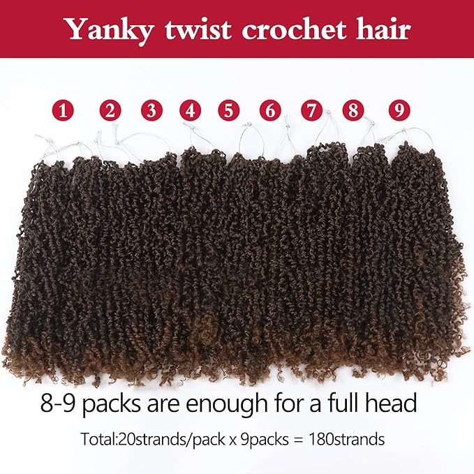 Yanky Twist Crochet Hair, PILLUGER Yaki Twists Hair Micro Spring Twist Braids,9 Packs Pre-looped passion Twist Brown Senegalese With Curls Crochet Synthetic Hair Extensions(T30)