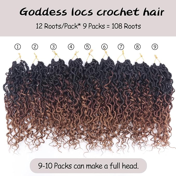 Goddess Locs Crochet Hair 12 Inch 9 Packs Synthetic Faux Locs Crochet Hair for Black Women, River Locs Hair Extensions Style Pre looped Crochet with Curly Ends