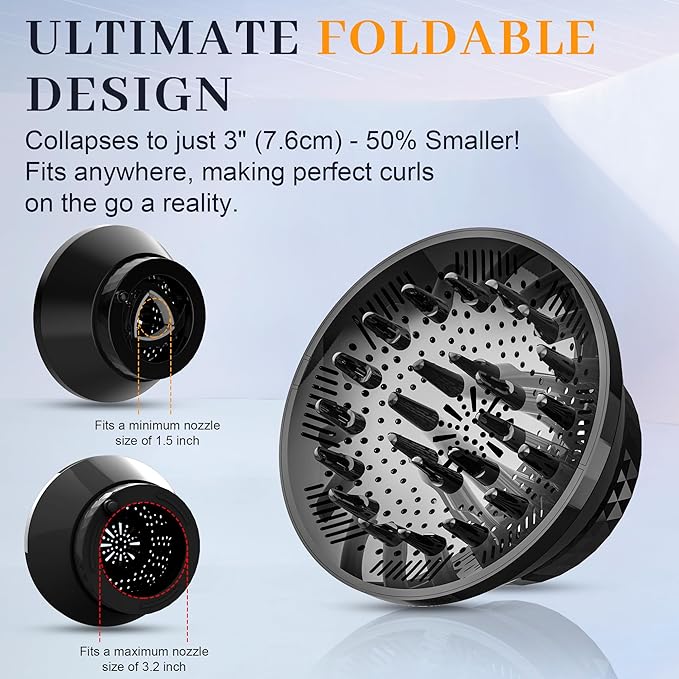 Universal Diffuser Hair Dryer Attachment - Fits Most 1.5-3.2" Blow Dryers, collapsible Diffuser for Curly Wavy Hair to Enhance Curls, Reduce Frizz, Fast Drying Travel Design