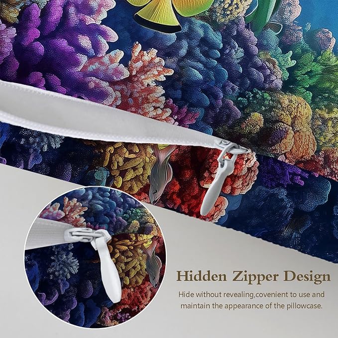 Sea Turtle Ocean Satin Pillowcase with Zipper for Hair and Skin Underwater Marine Plants 1 Pack Soft Silk Pillow Case Standard Size Wrinkle-Free Smooth and Cooling Satin Pillow Cover 20”x26”