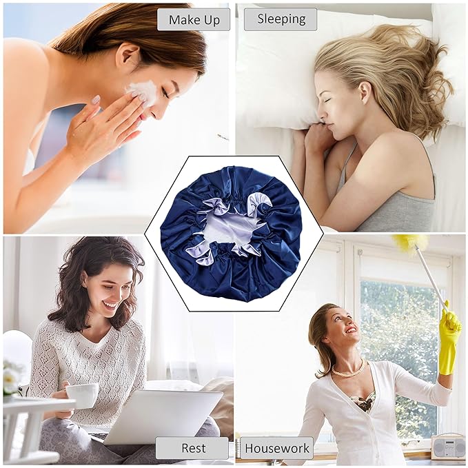 Silk Bonnet for Sleeping Satin Bonnets Double Layer Reversible Hair Cap Bonnet for Women Long Curly Braid Hair (Navy)