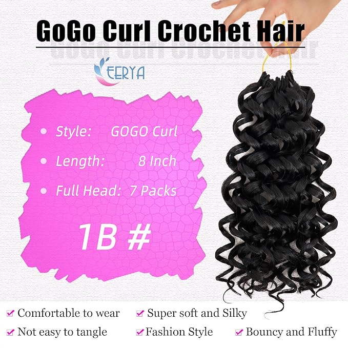 7 Packs GoGo Curl Crochet Hair 8 Inch Short Curly Crochet Hair for Women Deep Wave Beach Curl Crochet Braids Synthetic Braiding Hair Extensions(8 Inch, 1B)