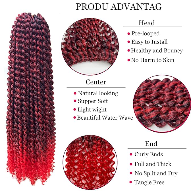 6 Packs Passion Twists Hair 18inch Ombre Red Water Wave Crochet Hair for Butterfly Soft Locs Synthetic Crochet Hair Passion Twist Long Bohemian Locs Braiding Hair Extensions (18inch T1B/Red#)