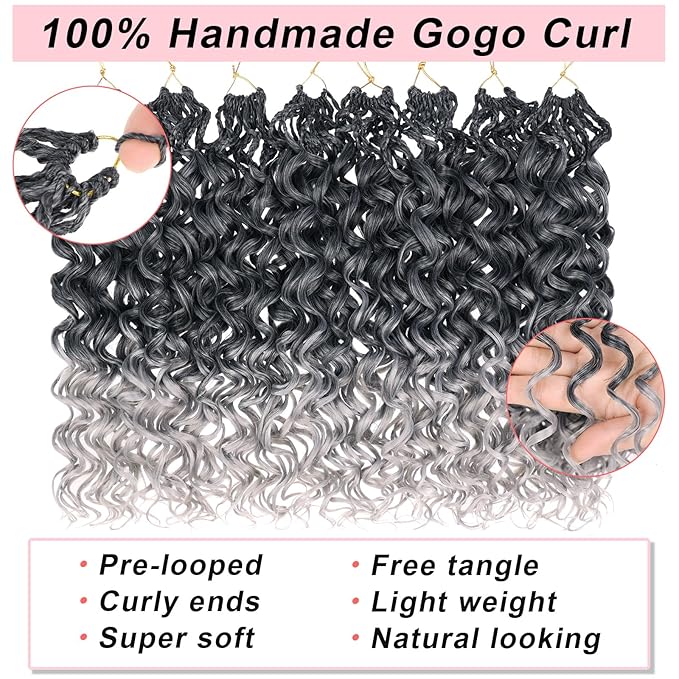 14 Inch Gogo Curl Crochet Hair Ocean Wave Crochet Hair Deep Twist Pre-looped 8 Packs Goddess Box Braids Short Curly Water Wave Synthetic Braiding Hair for Women (16Strands/pack Tgrey#)