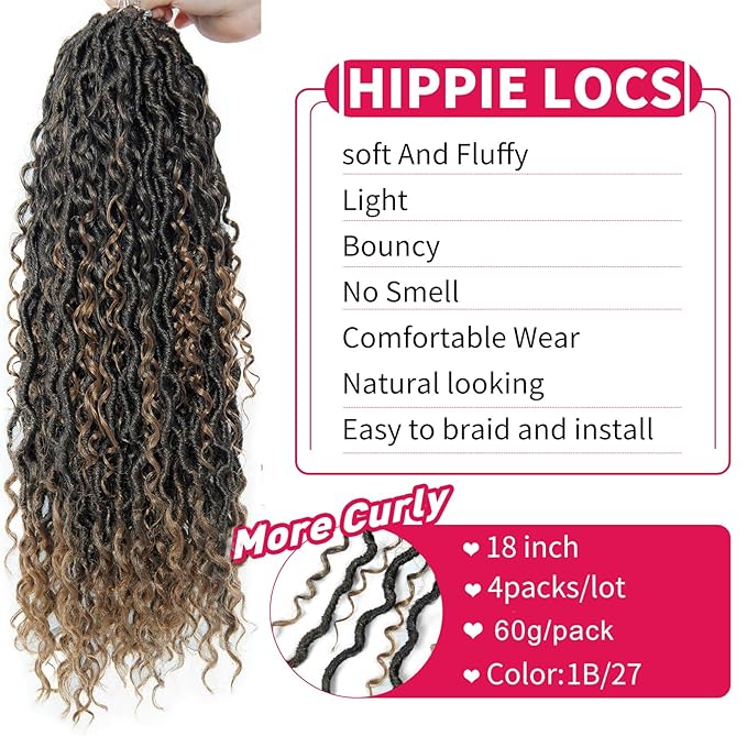 Goddess Locs Crochet Hair 18Inch Faux Locs With Curly Ends Synthetic Crochet Hair Pre Looped Boho Faux locs Bohemian Crochet Braids 4Packs(1B/27, 18inch)