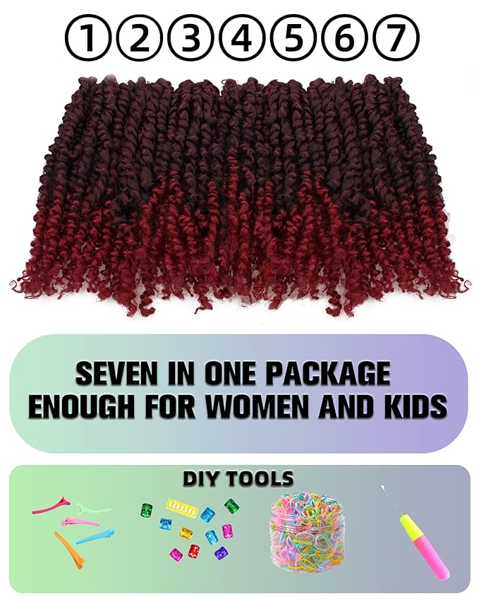 Pre-Twisted Passion Twist Crochet Hair for Black Women Passion Twist Hair Pre Looped Bohemian Braids 10 Inch 7 Packs Ombre Burgundy Short Bob Curly Braiding Hair Extensions(10"-7P,T1B/BUG)