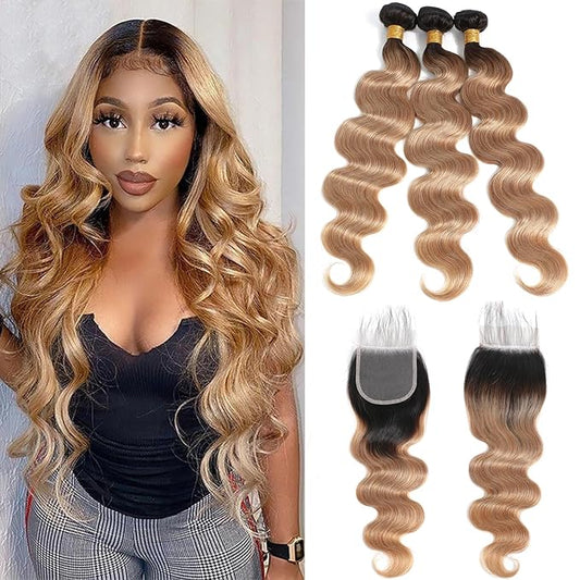 12A Ombre Body Wave Bundles Human Hair with Closure (T1B/27,16 18 20+14") 100% Unprocessed Virgin Brazilian Ombre Highlight Body Wave Human Hair Weave 3 Bundles with Closure