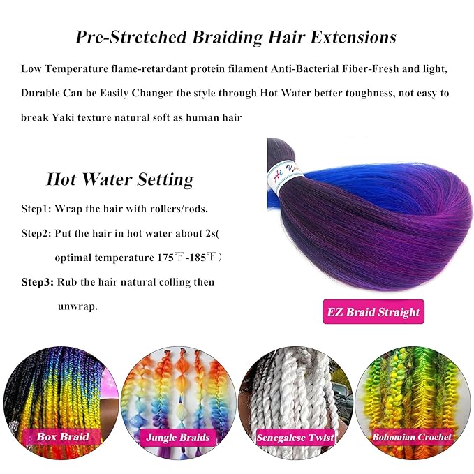 Ombre Braiding Hair Pre Stretched 1b Pink Blue Braids Hair Extensions for Braiding Hypoallergenic Knotless Synthetic Pre Sectioned Braiding Hair Bundles Weave 26 Inch 6 Packs
