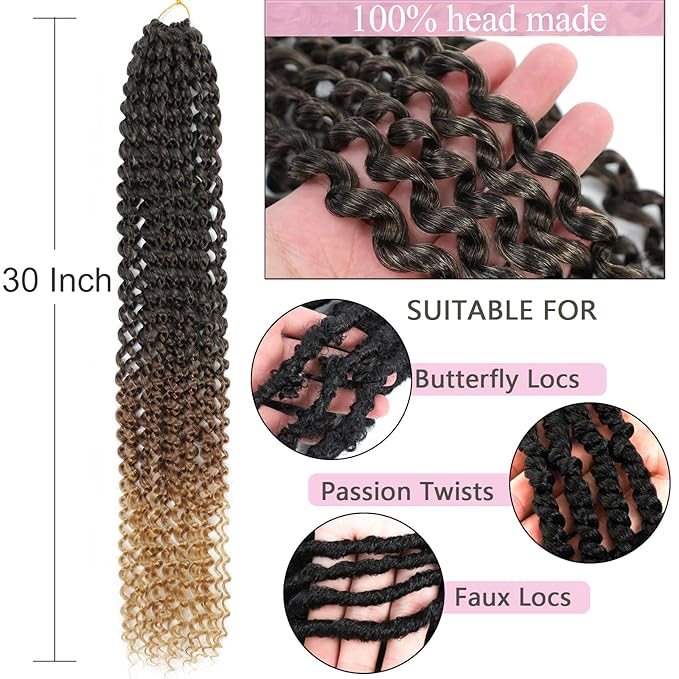 Passion Twist Hair 30 Inch 8 Packs Water Wave Crochet Hair Curly Braiding Hair For Butterfly Locs Long Bohe Crochet Braids (30 Inch (Pack of 8), 1B/30/27)