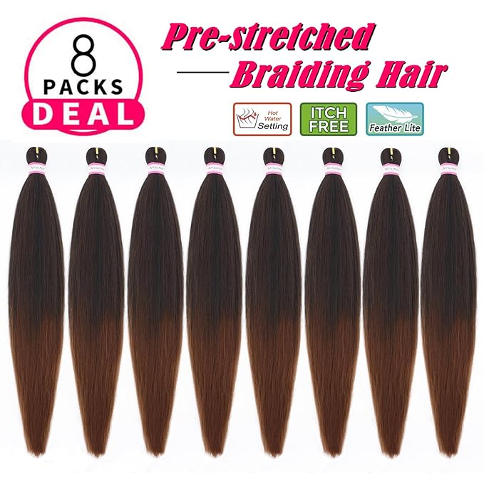 Dorsanee Braiding Hair Pre Stretched 26 Inch 8 Packs Ombre Brown Braiding Hair Extensions for Crochet Box Braids Twists Locs Hair Soft Yaki Texture Hot Water Setting (26inch,#1B/30)