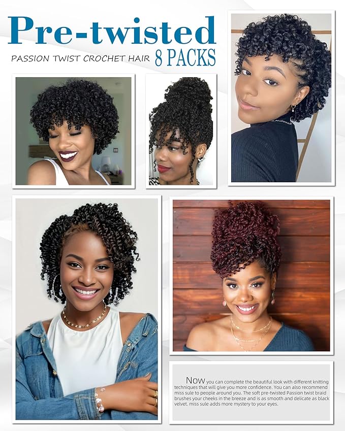 Pre-Twisted Passion Twist Crochet Hair for Black Women and Kids,Passion Twist Hair Pre Looped Bohemian Braids 4 Inch 8 Packs Short Bob Spring Twist Curly Braiding Crochet Hair Extensions(4"-8P,1B)