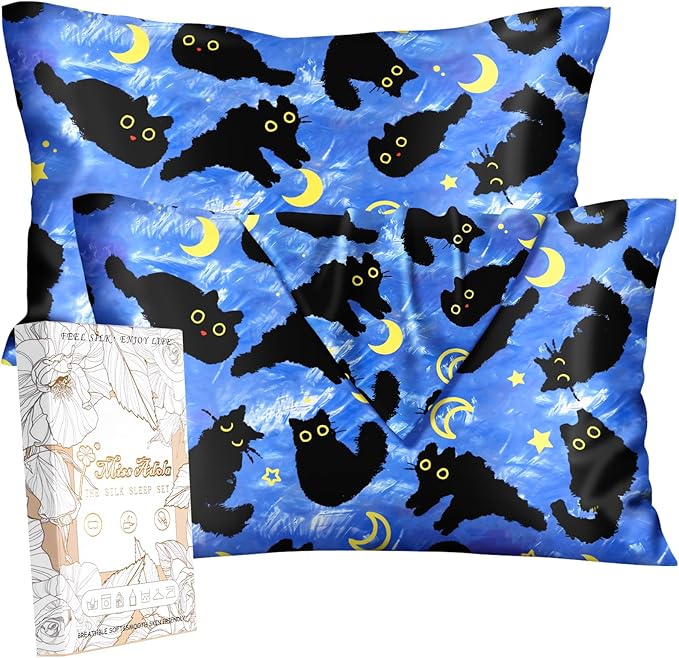 Silk Pillowcase 2 Pack - Pillow Cases 20" x 30" Queen Size Set of 2 for Hair and Skin Smooth Soft Breathable with Hidden Zipper Cooling Pillow Covers for Sleeping,Blue Moon Cat