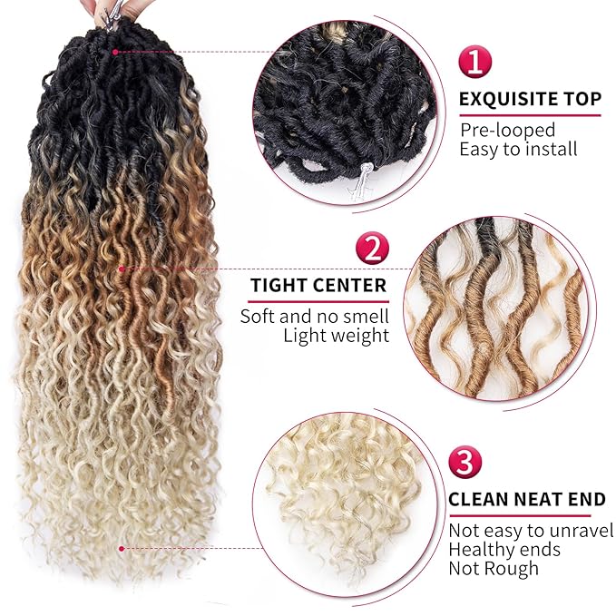 Goddess Locs Crochet Hair 18Inch Faux Locs Crochet Hair Curly Ends Pre-looped River Hippie Locs Bohemian Locs Crochet Braids for Black Women(1B/27/613, 18inch)