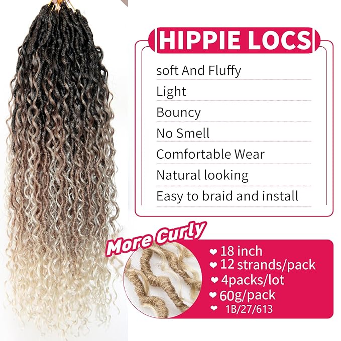 Goddess Locs Crochet Hair 18Inch Boho Faux Locs,Mix Blonde Crochet Locs With Curly Ends River Hippie Locs Bohemian Locs Crochet Hair 4Packs (1B/27/613, 18inch(Pack of 4))