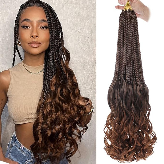 24 Inch French Curl Crochet Braids 9 Packs Ombre Brown Goddess Box Braids with Curly Ends Pre Looped Bohemian Crochet Hair Loose Wave Bouncy French Curl Braiding Hair for Women