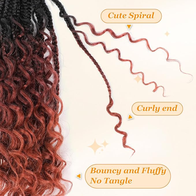 14 Inch Goddess Box Braids Crochet Hair Curly Ends 9 Packs Pre Looped Boho Crochet Box Braids Bohemian Box Braid Crochet Hair For Black Women (14Inch 9 Packs,1B/530/350)