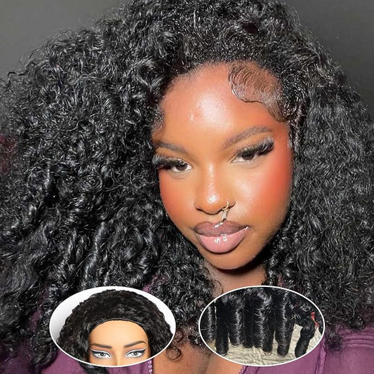 VIPbeauty Burmese Curly Half Wig Human Hair 200 Density 3 In 1 Seamless Flip Over Glueless Wear and Go Beginner Friendly 14A Brazilian Virgin Burmese Curly Wig Human Hair Drawstring Headband 24 Inch