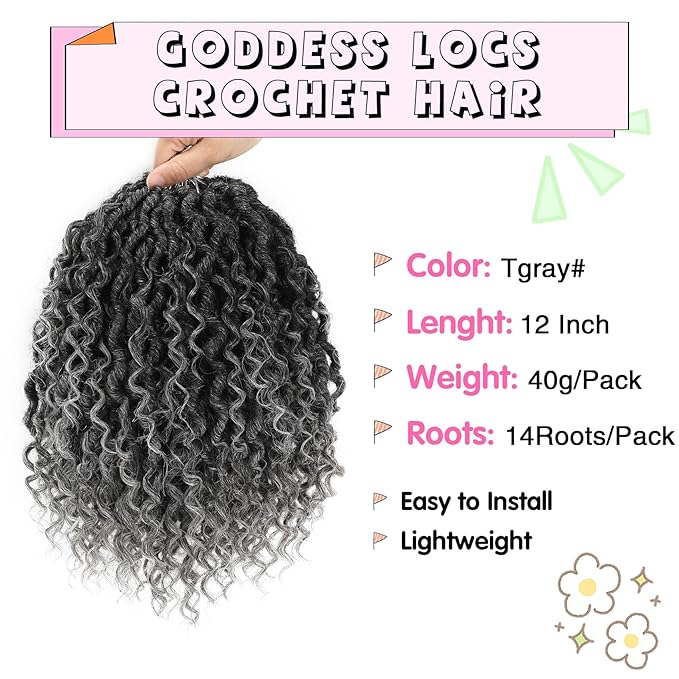 Fulcrum Goddess Locs Crochet Hair 12 Inch, 8 Packs New Faux Locs Crochet Hair for Black Women, Crochet locs with Curly Ends (12Inch (Pack of 8), Tgray#)