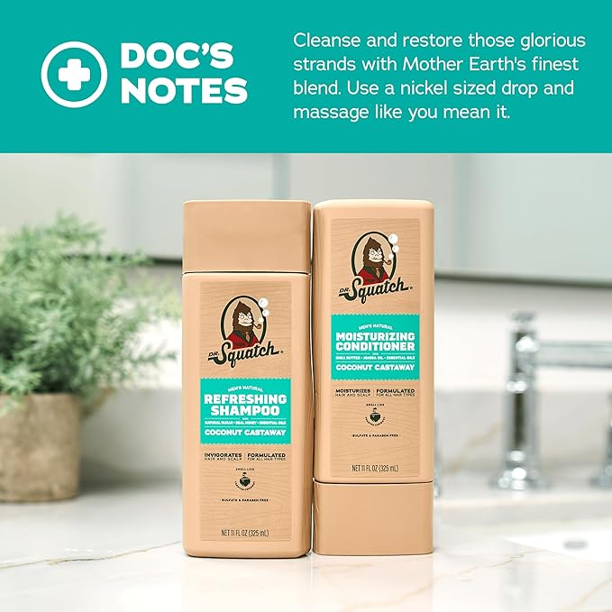 Dr. Squatch Natural Hair Bundle for Men - Healthy, Full Looking Hair - Coconut Castaway Shampoo (11 fl oz), Coconut Castaway Conditioner (11 fl oz)