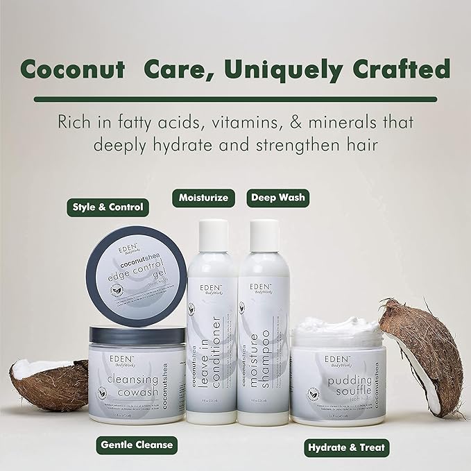 EDEN BodyWorks Coconut Shea Edge Control Gel | Strong Hold Edge Tamer for Curly Hair Styling | Flake-Free, Non-Greasy Formula | Moisturizes & Adds Shine | 6 oz