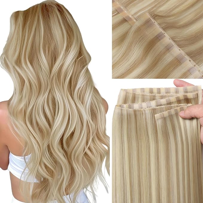 LOXXY Double Sided PU Invisible Real Human Hair Extensions - Butterfly Beaded Weft Hair Extensions - 14Inch 100g Light Brown With Platinum Blonde Highlights, Genius Weft Width 31.5"(80cm)