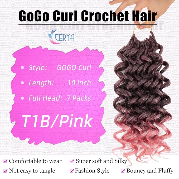 7 Packs GoGo Curl Crochet Hair 10 Inch Short Curly Crochet Hair for Women Water Wave Beach Curl Deep Twist Crochet Braids Synthetic Braiding Hair Extensions (10 Inch, T1B/Pink)
